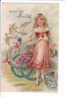 Carte Gauffrée - Bonne Fête- Jeune Fille Avec Bouquets De Violettes, Char Fleuri Tiré Par 2 Colombes - Sonstige & Ohne Zuordnung