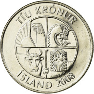 Monnaie, Iceland, 10 Kronur, 2008, TTB, Nickel Plated Steel, KM:29.1a - IJsland
