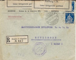 1917- Enveloppe Recc. Affr. à 50 C De Genève /Jonction  Pour Ettlingen ( Baden ) Censure De Frieburg - Storia Postale