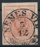 O 1850 3kr HP Ia Rózsapiros / Rose Red 'NEMES VID' Certificate: Strakosch - Other & Unclassified