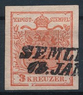 O 1850 3kr HP Ia Cinóber, Lemezhiba A Kereten / Cinnabar, Plate Flaw On The Frame 'SEMLI(N)' Certificate: Strakosch - Other & Unclassified