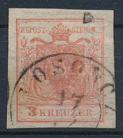 O 1850 3kr HP Ia Piros, Kiemelt Középrésszel / Red, Highlighted Middle Part, Papierkorn '(L)OSONCZ' Certificate: Babor - Sonstige & Ohne Zuordnung