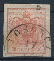 O 1850 3kr HP Ia Piros, Kiemelt Középrésszel / Red, Highlighted Middle Part, Papierkorn '(L)OSONCZ' Certificate: Babor - Altri & Non Classificati