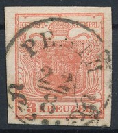 O 1850 3kr MP Ib Paradicsompiros / Tomato Red, Gravurtype 1-2 'PESTH' Certificate: Strakosch - Other & Unclassified