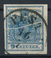 O 1850 9kr HP IIIa Kék, Szép Keresztben átfutó Papírránccal / Blue, With Paper Crease 'PESTH' Certificate: Strakosch - Sonstige & Ohne Zuordnung