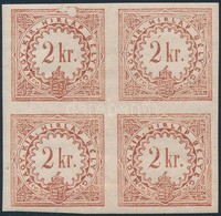 ** * 1868 Hírlapilleték 2kr Négyestömb  Ritka Rézvörös árnyalat, 'kalapácsfej' Lemezhibával, A 2 Felső Bélyeg Postatiszt - Andere & Zonder Classificatie