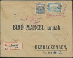 1919 Debrecen Helyi Ajánlott Levél, Parlament 75f Elcsúszott Felülnyomással / Local Registered Cover. Signed: Bodor - Sonstige & Ohne Zuordnung