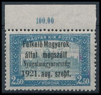 ** Nyugat-Magyarország I. 1921 Parlament 2,50K Felső ívszéllel (9.000) / Mi 9 Margin. Signed: Bodor - Autres & Non Classés