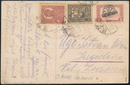 1921 Képeslap Kolozsvári Felülnyomású és Román Vegyes Bérmentesítéssel Aradról Jugoszláviába / Postcard With Mixed Frank - Other & Unclassified