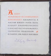 1938 Eucharisztikus Blokk Különleges, Dr Kornis Gyulának, A Képviselőház Elnökének Dedikált Mappában, Tokkal. / Mi Block - Autres & Non Classés