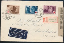 1944 Ajánlott Légi FDC Cenzúrázva Vöröskereszt Sorral Spanyolországba / Mi 749-752 On Registered Airmail FDC To Spain, C - Autres & Non Classés