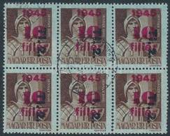 O 1946 Betűs II. TI.2./10f/4f Hatostömb, Benne 'T' Nélküli Tévnyomatos Bélyeg / Mi 866 Block Of 6, One Stamp Missing 'T' - Autres & Non Classés