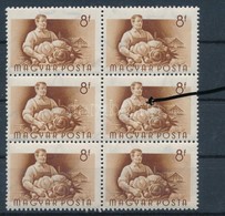 ** 1955 Munka 8f Hatostömb, Benne 'nyak Alatt Fehér Folt' Tévnyomat / Mi 1426 Block Of 6 With Plate Variety - Autres & Non Classés