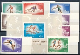 ** 1966 Atlétikai EB ívszéli Vágott Sor és Vágott Blokk / Mi 2262-2269 Imperforate Margin Set + Mi 54 Imperforate Block - Autres & Non Classés