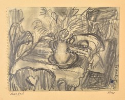 Frank Frigyes (1890-1976): Asztal 1940. Szén, Papír, Jelzett, Hátoldalán A Művész Dedikációjával, 15×19 Cm - Sonstige & Ohne Zuordnung