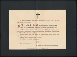 1941 Gróf Teleki Pál (1879-1941) Miniszterelnök, Főcserkész, Földrajztudós Halálozási értesítője. - Non Classés