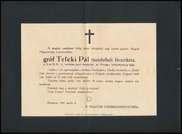 1941 Gróf Teleki Pál (1879-1941) Miniszterelnök, Főcserkész, Földrajztudós Halálozási értesítője. - Unclassified