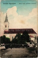 T3 1916 Appony, Oponice; Római Katolikus Plébánia Templom, ünnepség Falubeliekkel / Church, Villagers (tűnyomok / Pin Ma - Non Classés