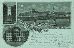 T2/T3 1899 (Vorläufer!) Pozsony, Pressburg, Bratislava; Színház, Vasúti Híd, Zerge Hegyemlék Szobor, Este / Theatre, Rai - Non Classés