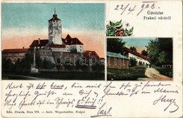 T3/T4 1906 Fraknó, Forchtenstein; Vár, Vendéglő. Andr. Wegscheidler / Burg, Gasthaus / Castle, Restaurant. Floral (fa) - Ohne Zuordnung