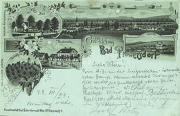 T2 1899 (Vorläufer!) Lajtapordány, Bad Prodersdorf, Leithaprodersdorf; Fürdő, étterem, Török Torony, Lorettom / Bad, Res - Ohne Zuordnung