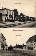 T2 1912 Zurány, Zarándfalva, Zurndorf; Vasútállomás, Gőzmozdony, Vasutasok, Kerékpár, Fő Utca, üzlet, Templom / Bahnhof  - Unclassified