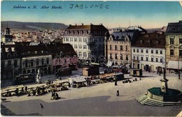 T2/T3 1914 Jablonec Nad Nisou, Gablonz; Alter Markt / Market, Trams, Hotel Erlebach, Shops Of Carls Weiss And Blumen (EK - Non Classificati
