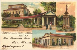 T2 1898 Teplice, Teplitz-Schönau; Monumentalbrunnen, Colonade Im Kurgarten U. Theater, Schlangenbad / Spa, Theater, Foun - Non Classés