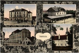 T2 1915 Trest, Triesch; Nadrazí, Radnice, Skola / Railway Station, Town Hall, Church, School. Art Nouveau - Zonder Classificatie