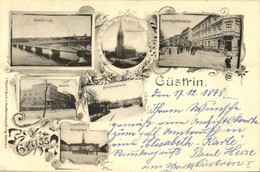 T2/T3 1898 Kostrzyn, Cüstrin; Oderbrücke, Kaserne, Marktplatz, Friedenskirche, Bahnhofstrasse, Bahnhofsgebäude / Odra Br - Ohne Zuordnung