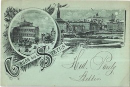 T2 1898 Szczecin, Stettin; Das Stadttheater, Die Baumbrücke / Theatre, Bridge. A. Hochstetter Art Nouveau, Floral, Litho - Ohne Zuordnung