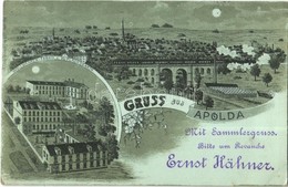 T2 1898 Apolda, Wollwaaren-Fabrik V. W. Flachsbarth / Viaduct With Locomotive, Wool Factory, Night. Fr. Gebhardt Art Nou - Non Classés