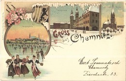 T2 1898 Chemnitz, Schlossteich, Hauptmarkt, St. Petri Kirche / Ice Skaters, Main Square, Church, Winter. Winkler & Voigt - Ohne Zuordnung