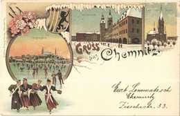 T2 1898 Chemnitz, Schlossteich, Hauptmarkt, St. Petri Kirche / Ice Skaters, Main Square, Church, Winter. Winkler & Voigt - Sin Clasificación