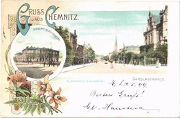 T2/T3 1899 Chemnitz, Hauptbahnhof, Carolastrasse / Main Railway Station, Street. R. Oschatz Art Nouveau, Floral, Litho - Ohne Zuordnung