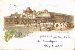 T2/T3 1898 Dresden, Hauptbahnhof / Railway Station, Tram. Moritz Zobel Floral, Litho (EK) - Ohne Zuordnung