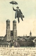 T2/T3 1904 München, Munich; Ein Ausflug Nach München / Montage Postcard With Flyin Gentleman With Umbrella (EK) - Unclassified