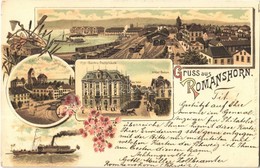 T2 1898 Romanshorn, Kirche, Schloss, Institut, Hyp.-Bank Und Postgebäude, Hotel Falken Und Bodan / Church, Castle, Hotel - Ohne Zuordnung