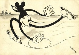 T2/T3 1932 Mickey Mouse Ice Skating. Klösz Early Disney Art Postcard S: Bisztriczky + 'Magyar Cserkészek Sportáruháza Bu - Non Classés