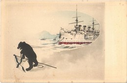 ** T1/T2 Russo-Japanese War Naval Battle. Silhouette Art Postcard With Bear And Battleship - Unclassified