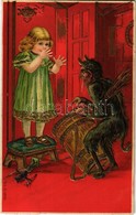 T2 1907 Krampus With Little Girl. Golden Decoration Emb. Litho - Non Classés