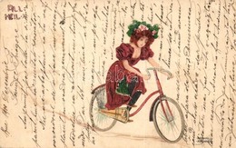 T2/T3 All Heil / Lady On Bicycle. Art Nouveau Litho Art Postcard S: Raphael Kirchner (EK) - Sin Clasificación