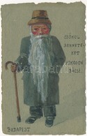 T2/T3 1913 Budapest, Csókol Benneteket Hikoson Bácsi. Kézzel Festett Művészlap / Hungarian Hand-painted Art Postcard - Unclassified