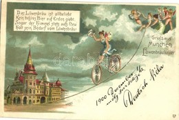 * T2/T3 1900 Gruss Aus München Löwenbräukeller / German Brewery Advertisement, Fairy On Bicycle. Litho (EK) - Non Classificati