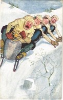 * T2/T3 Winter Sport Art Postcard / Four-men Controllable Bobsled, Sledding Down, Winter Sport, Humour. B.K.W.I. 412-4.  - Non Classés