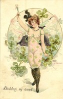 T2 Boldog Új évet! / Gently Erotic New Year Greeting Art Postcard. Art Nouveau, Floral, Litho S: R. Kratki - Unclassified