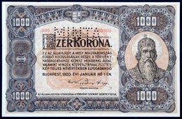 1920. 1000K 'Orell Füssli Zürich', 'MINTA' Perforációval, Piros '000' Számozással T:II- / Hungary 1920. 1000 Korona 'Ore - Non Classés