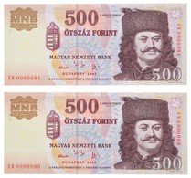 2002. 500Ft 'EB 0000080 - EB 0000081' (2x) Alacsony Sorszám, Sorszámkövetők! T:I
/ Hungary 2002. 500 Forint 'EB 0000080  - Non Classés