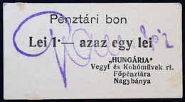 Románia / Nagybánya ~1920. 1L 'Hungária Vegyi és Kohóművek Rt. Főpénztára' Pénztári Bon T:I- Ragasztónyom / Romania / Ba - Ohne Zuordnung