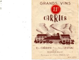 Etiquette De Vin Bordeaux Années 50. Carrier Frères Négociants à Lestiac. - Bordeaux